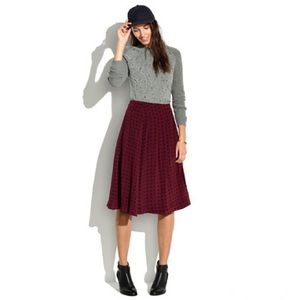 Madewell silk pleated burgundy skirt in tile dot